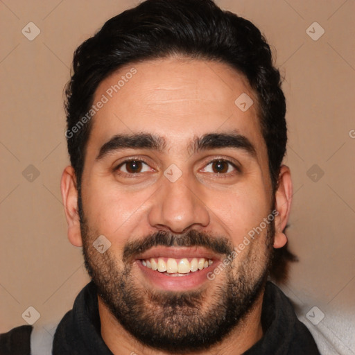 Joyful white young-adult male with short  black hair and brown eyes