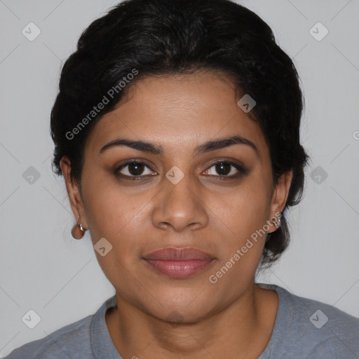 Joyful latino young-adult female with short  brown hair and brown eyes