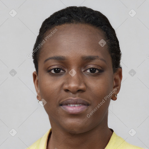 Neutral black young-adult female with short  black hair and brown eyes