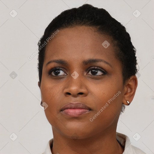 Neutral black young-adult female with short  black hair and brown eyes