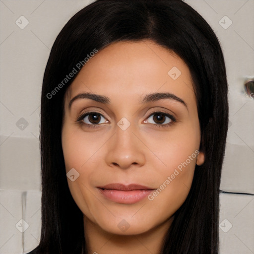 Joyful white young-adult female with long  black hair and brown eyes