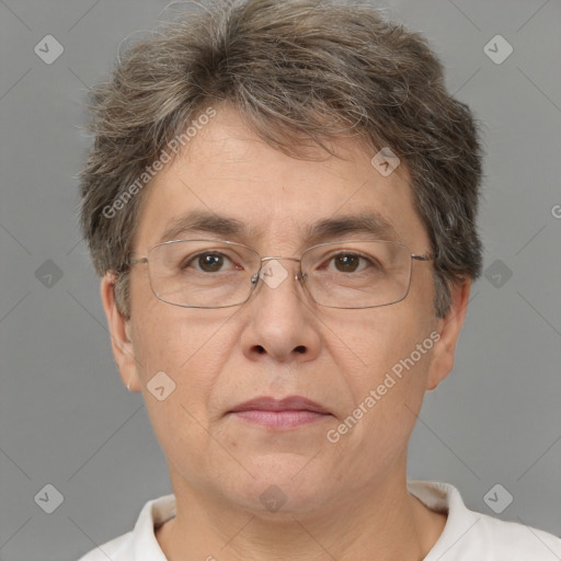 Joyful white middle-aged male with short  brown hair and brown eyes