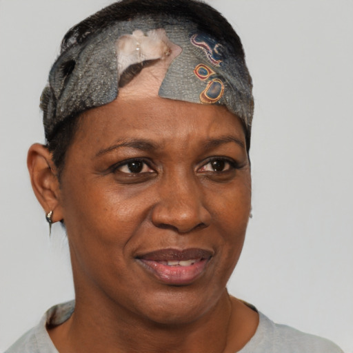 Joyful black adult female with short  brown hair and brown eyes