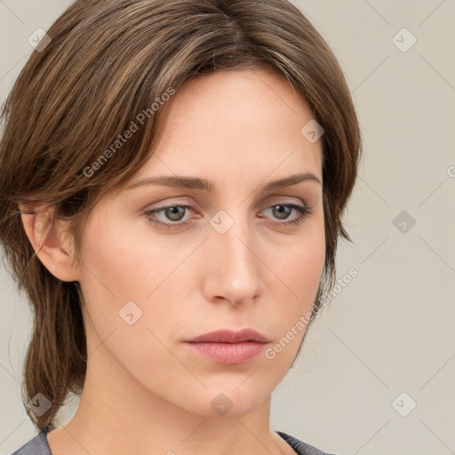 Neutral white young-adult female with medium  brown hair and grey eyes