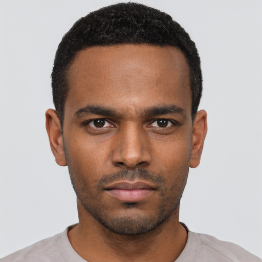 Neutral black young-adult male with short  black hair and brown eyes