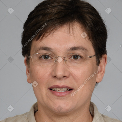 Joyful white adult female with short  brown hair and brown eyes