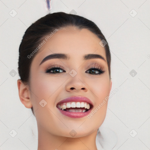 Joyful white young-adult female with medium  black hair and brown eyes