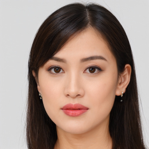 Neutral asian young-adult female with long  brown hair and brown eyes