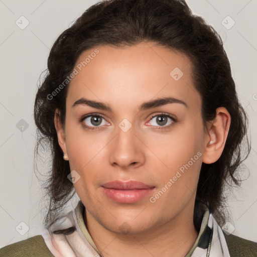 Neutral white young-adult female with medium  brown hair and brown eyes