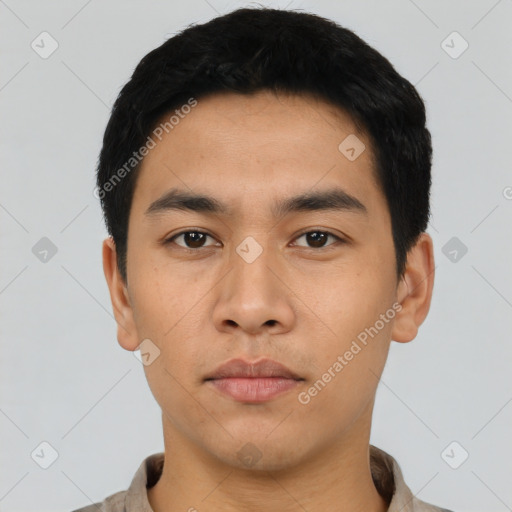 Neutral asian young-adult male with short  black hair and brown eyes