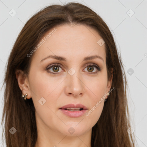 Joyful white young-adult female with long  brown hair and grey eyes