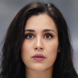 Neutral asian young-adult female with long  brown hair and brown eyes