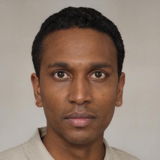 Neutral black young-adult male with short  black hair and brown eyes