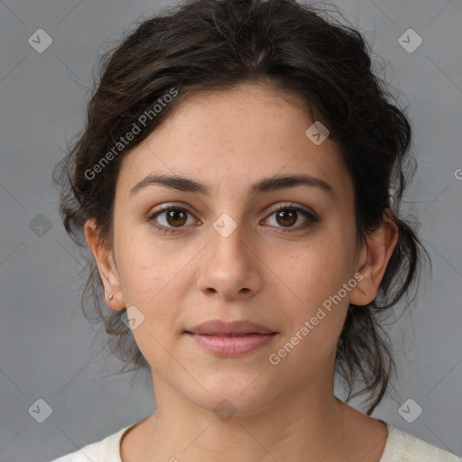 Neutral white young-adult female with medium  brown hair and brown eyes