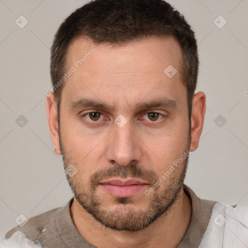 Neutral white young-adult male with short  brown hair and brown eyes