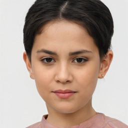 Joyful white child female with short  brown hair and brown eyes