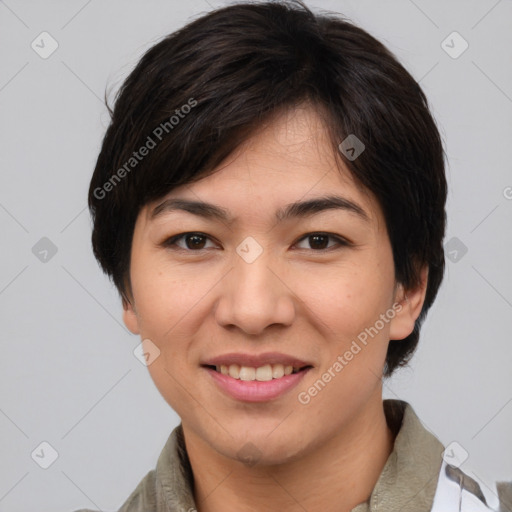 Joyful asian young-adult female with medium  brown hair and brown eyes