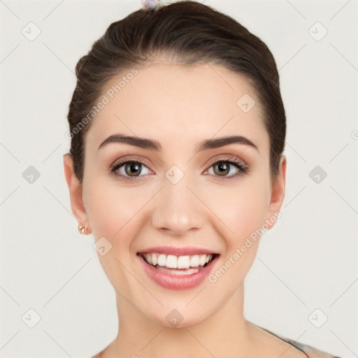 Joyful white young-adult female with medium  black hair and brown eyes