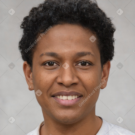 Joyful black young-adult male with short  brown hair and brown eyes