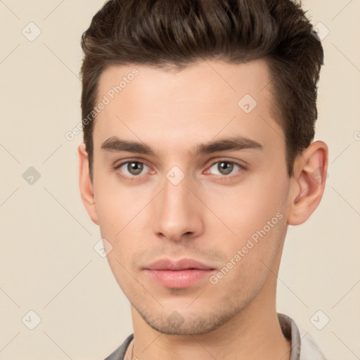 Neutral white young-adult male with short  brown hair and brown eyes