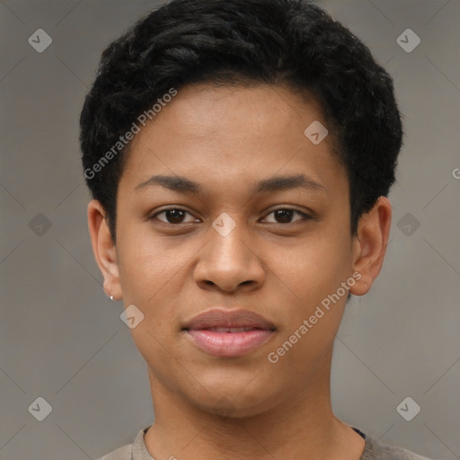 Joyful latino young-adult female with short  black hair and brown eyes