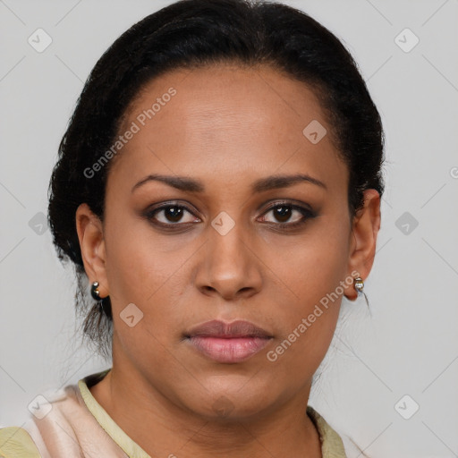 Joyful latino young-adult female with short  brown hair and brown eyes