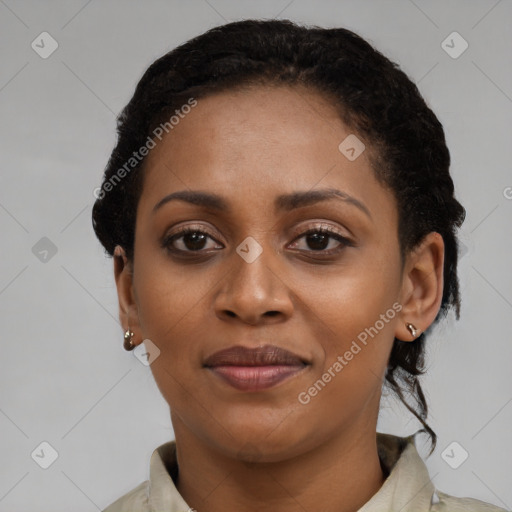 Joyful latino young-adult female with short  black hair and brown eyes