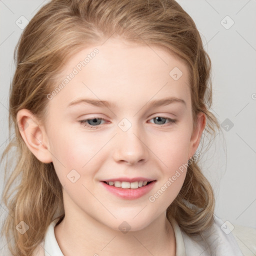 Joyful white child female with medium  brown hair and grey eyes