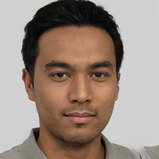 Neutral asian young-adult male with short  black hair and brown eyes