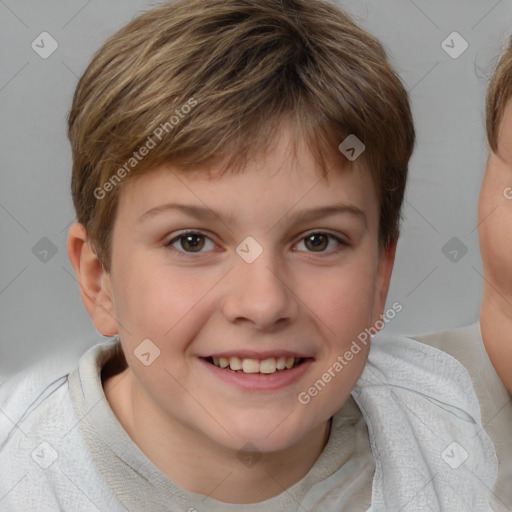 Joyful white child female with short  brown hair and brown eyes