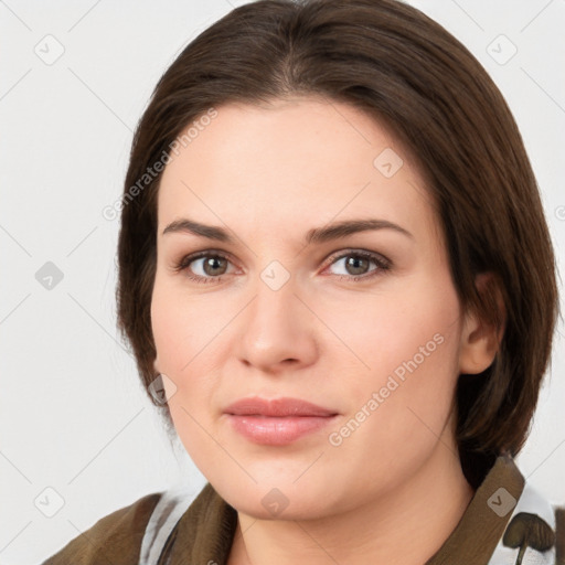 Neutral white young-adult female with medium  brown hair and brown eyes