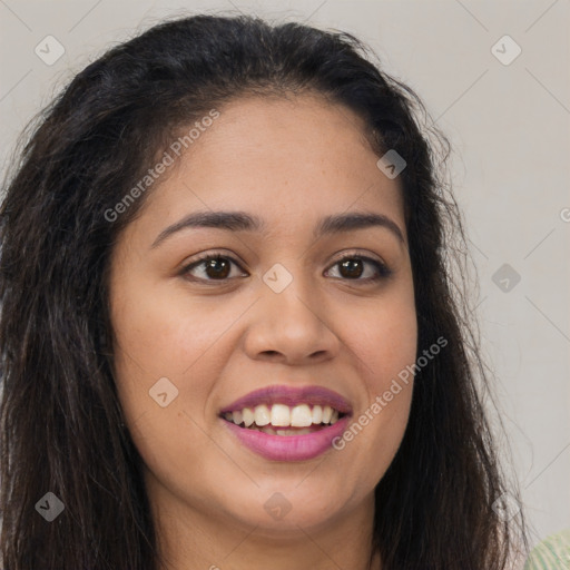 Joyful latino young-adult female with long  brown hair and brown eyes