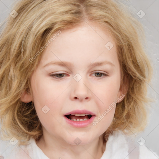 Joyful white child female with medium  brown hair and blue eyes