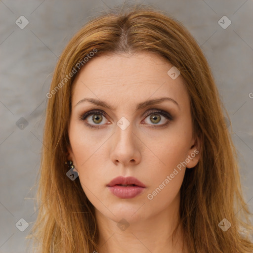 Neutral white young-adult female with long  brown hair and brown eyes