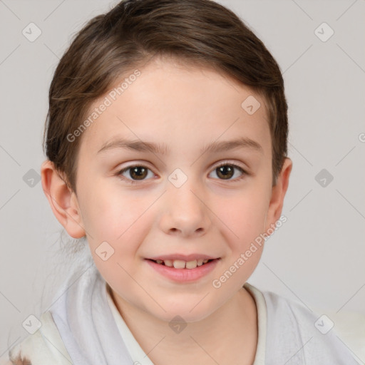 Joyful white child female with short  brown hair and brown eyes