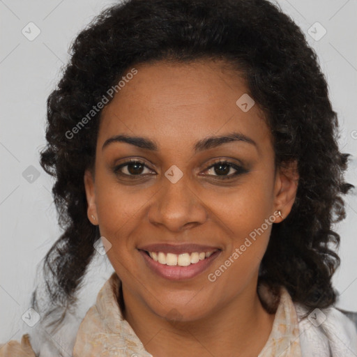 Joyful black young-adult female with medium  brown hair and brown eyes