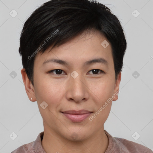 Joyful asian young-adult female with short  brown hair and brown eyes