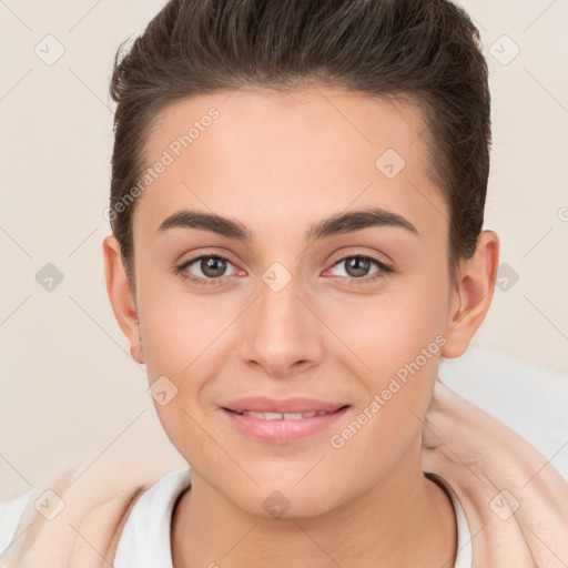 Joyful white young-adult female with short  brown hair and brown eyes