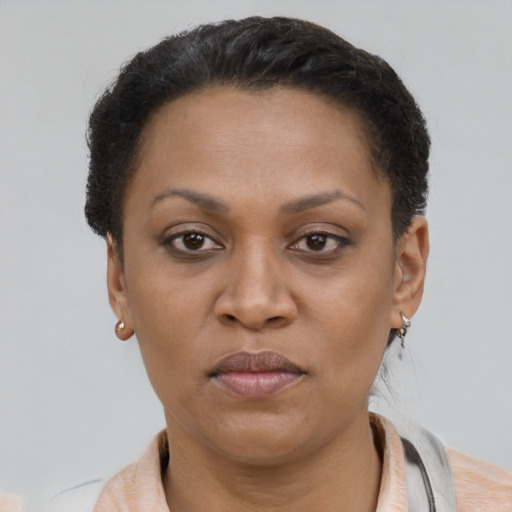 Neutral latino adult female with short  brown hair and brown eyes