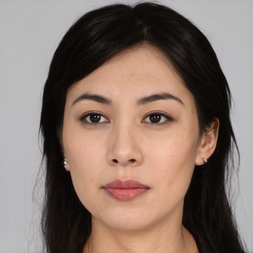 Neutral asian young-adult female with long  brown hair and brown eyes