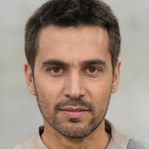 Neutral white adult male with short  brown hair and brown eyes