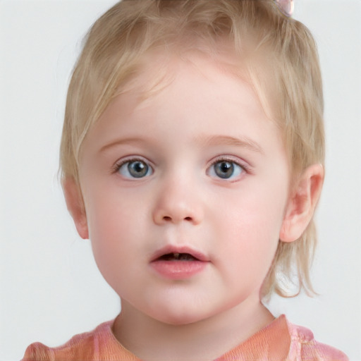 Neutral white child female with medium  brown hair and blue eyes