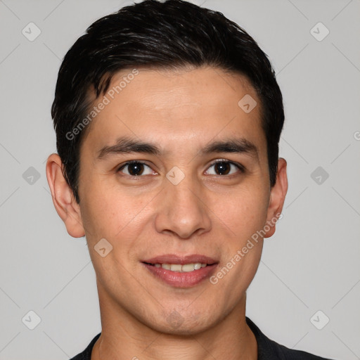 Joyful white young-adult male with short  black hair and brown eyes