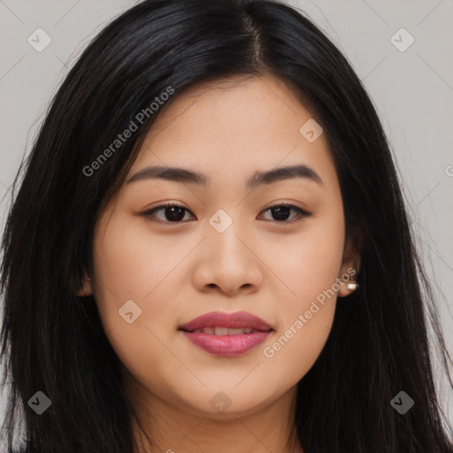 Joyful asian young-adult female with long  black hair and brown eyes