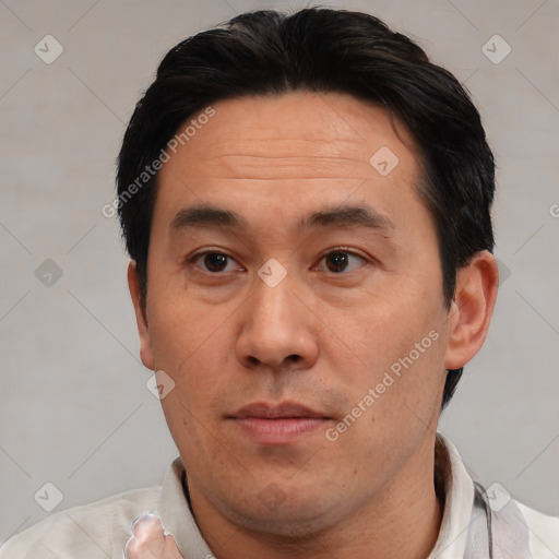 Neutral asian adult male with short  black hair and brown eyes