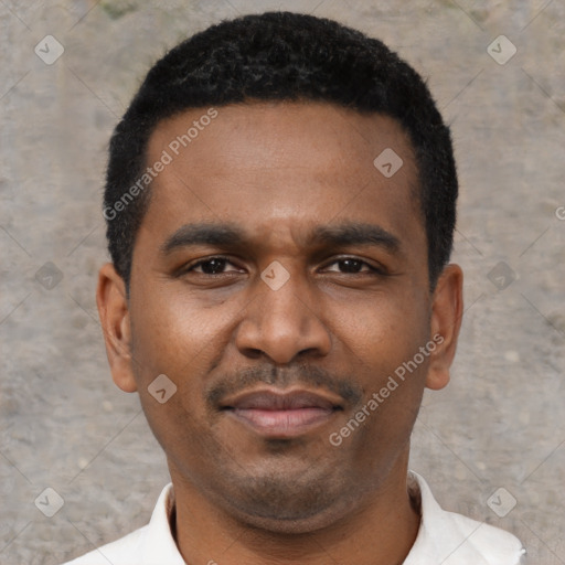 Neutral black young-adult male with short  black hair and brown eyes