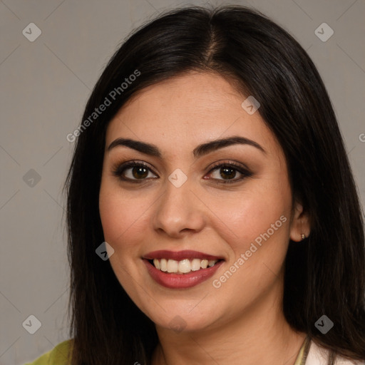 Joyful white young-adult female with long  brown hair and brown eyes