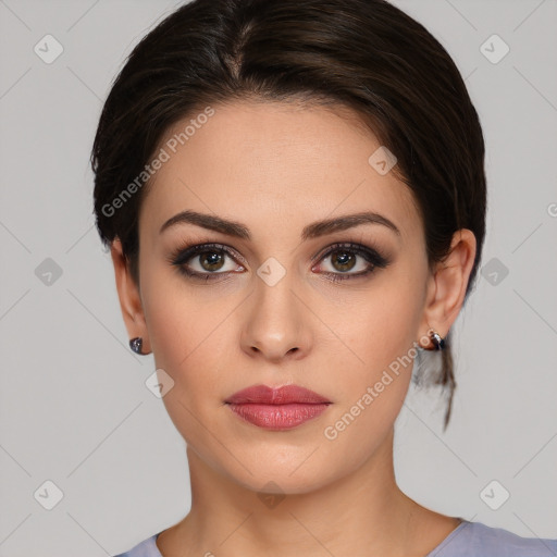 Neutral white young-adult female with medium  brown hair and brown eyes