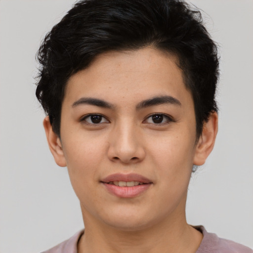 Joyful asian young-adult female with short  brown hair and brown eyes