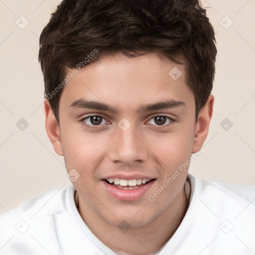 Joyful white child male with short  brown hair and brown eyes